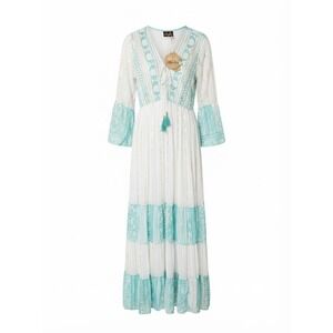 Ethnix Maxi Dress Womens One Size White Teal Boho Ethnic Chic Gold Stripe Dress